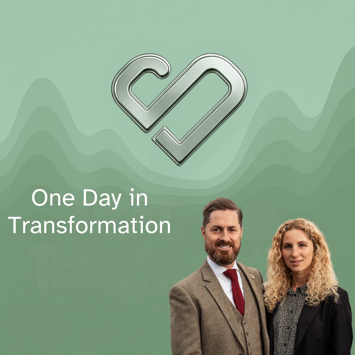 Cover des Podcasts „One Day in Transformation“: Rainer Karcher und Anthea Wagner vor grünem Hintergrund mit dem Heartprint-Herz