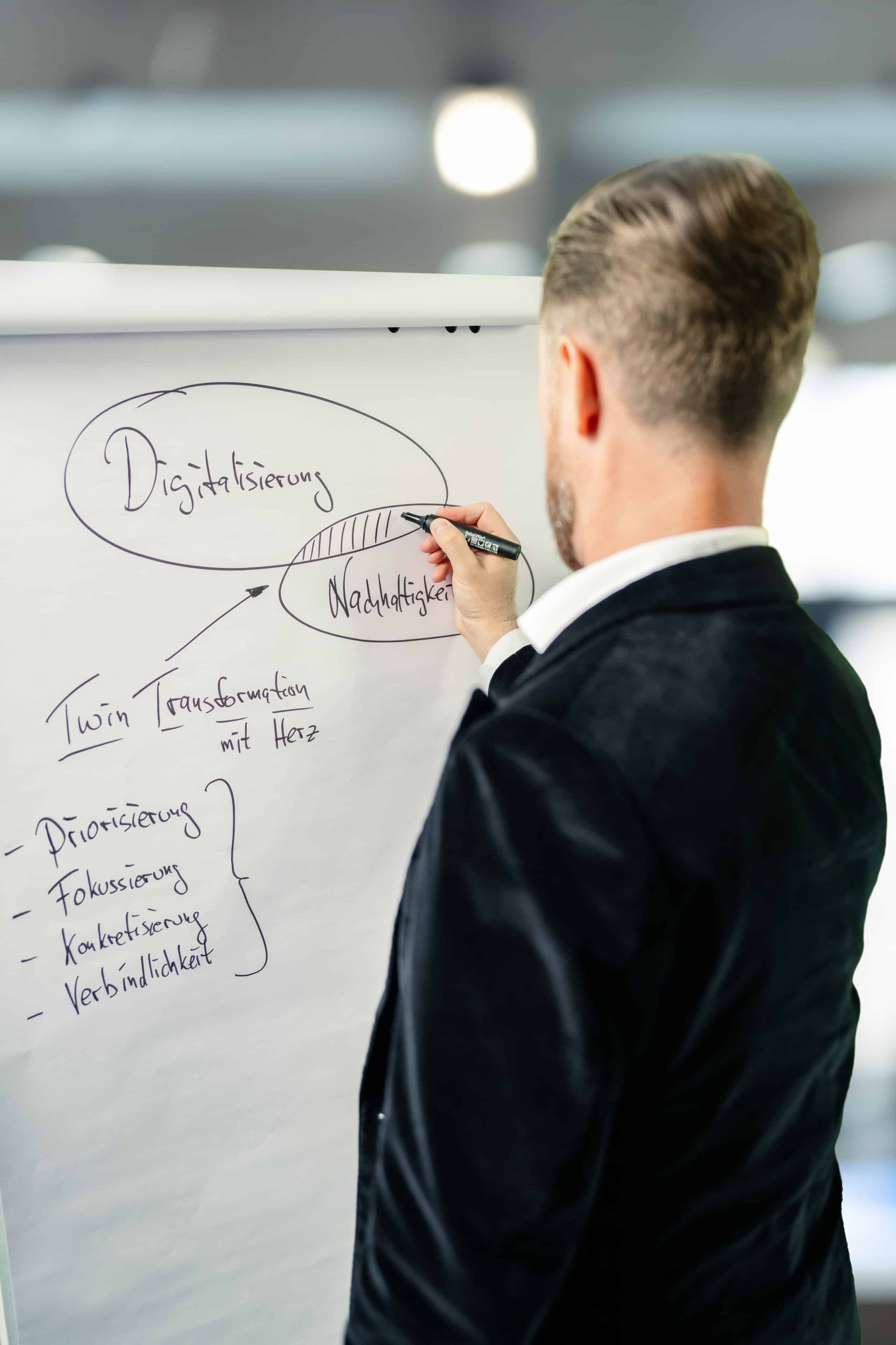 Rainer Karcher schraffiert am Flipchart die Schnittmenge zwischen den zwei Kreisen Digitalisierung und Nachhaltigkeit.